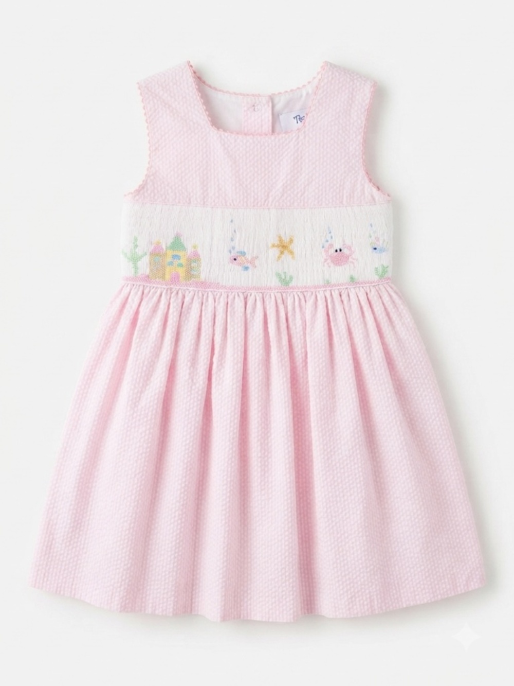 Vintage 90s Girls' Smocked Seersucker Dress - Underwater Scene